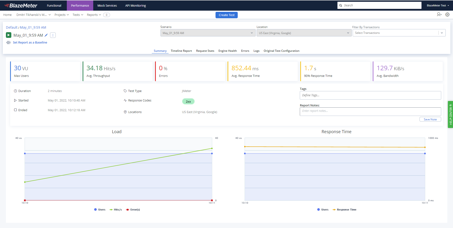 BlazeMeter summary report for JMeter Performance Testing