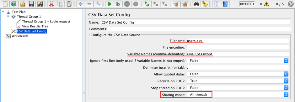 jmeter multiple threads csv data set config