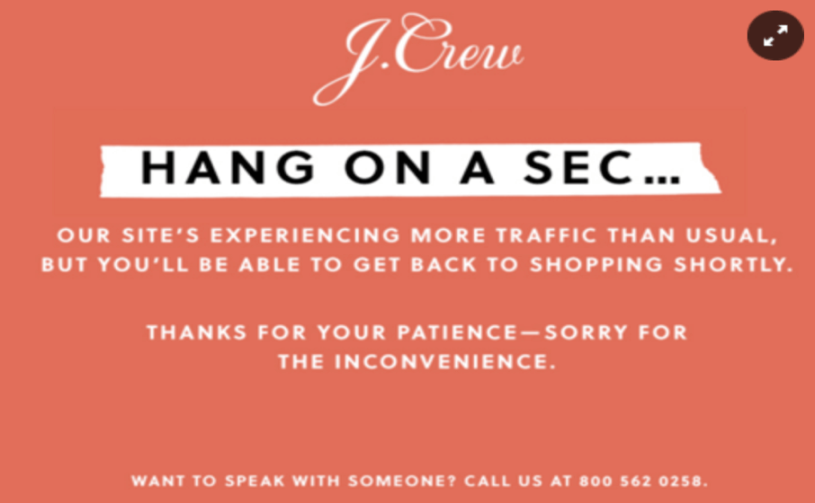 A screenshot of a J. Crew outage.