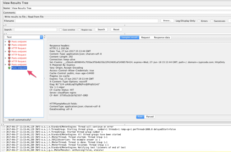 View Results Tree showing the test running again