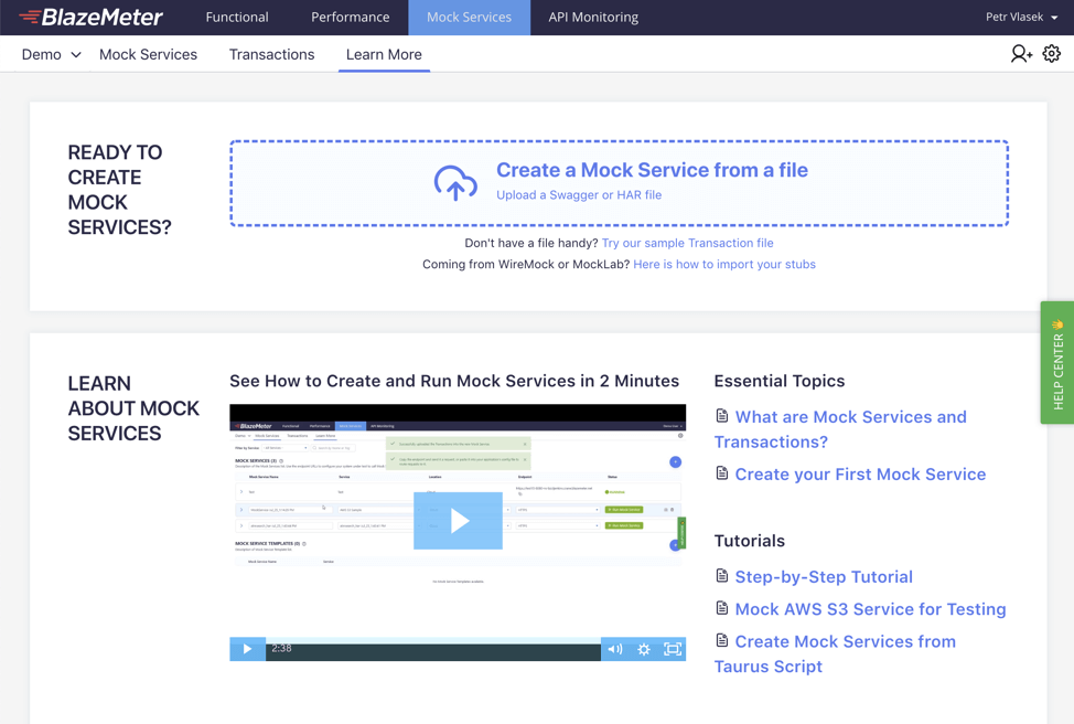 mock services in blazemeter main menu