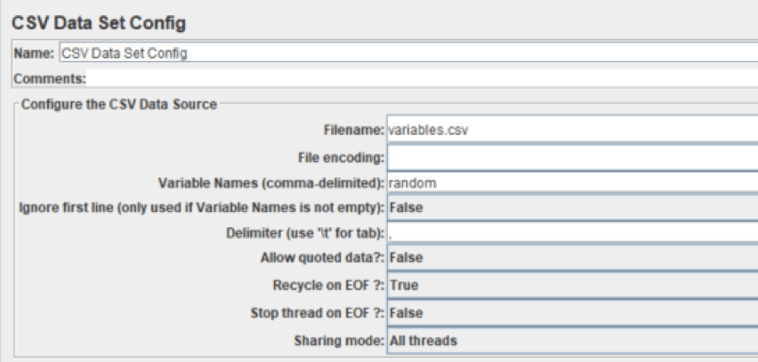jmeter, csv data set config configuration