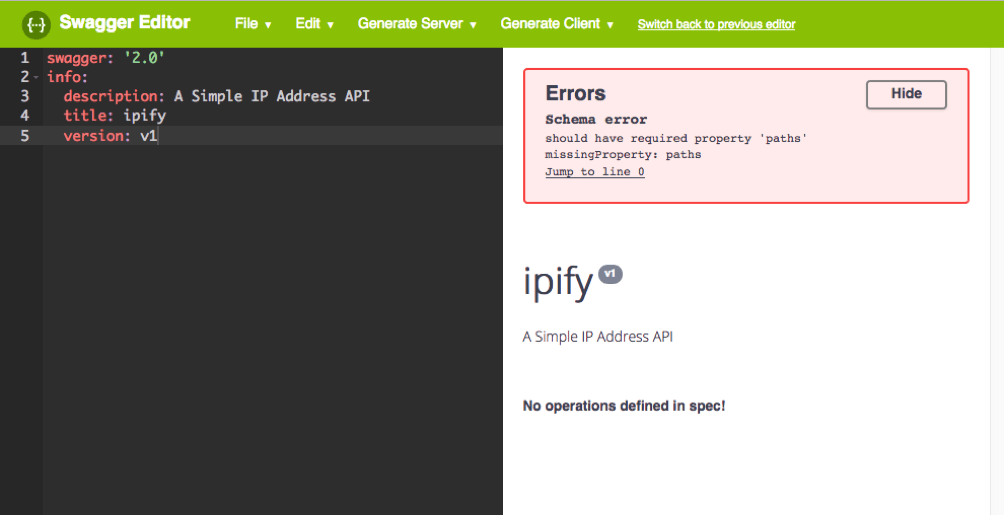 Write you API definition in Swagger Editor